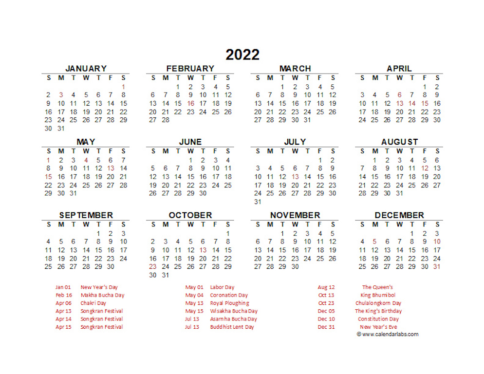 2022年(仏暦2565 年）タイの祝日・休日・禁酒日一覧